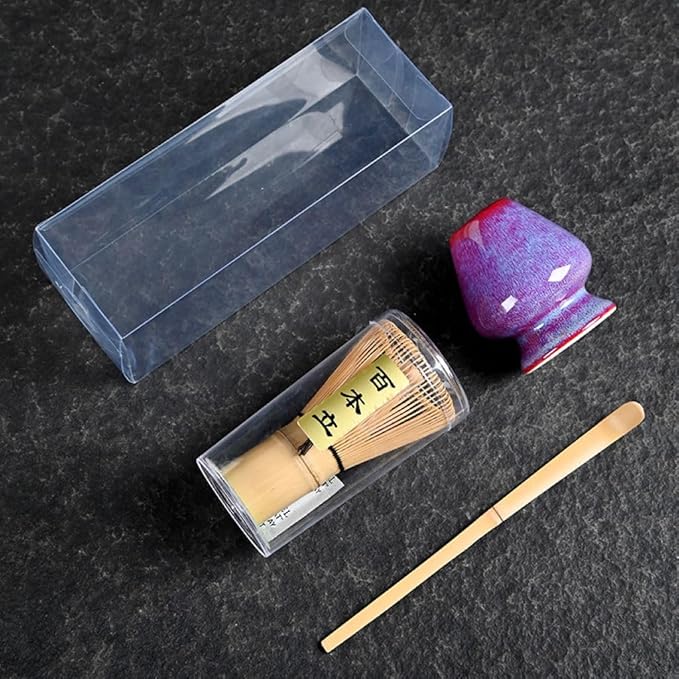 Japanese Matcha Tea Set, Bamboo Whisk (Chasen) + Matcha Scoop (Chashaku)+Ceramic Whisk Holder,fit for Japanese Tea Matcha Tea,Matcha Latte Accessories (B)