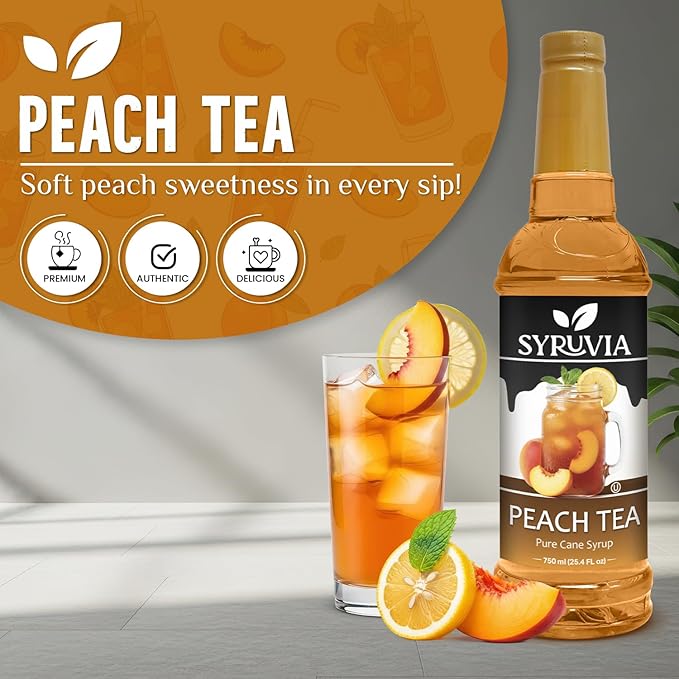 Syruvia Peach Tea Flavored Syrup for Drinks, Cocktails, Lemonades, Iced Teas and Desserts – 25.4 fl oz, With Pump