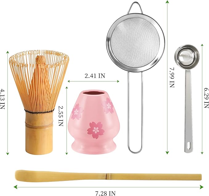Matcha Whisk Set Matcha Making Kit Bamboo Chasen Ceramic Whisk Holder Stand Sifter Scoop Japanese Tea Tools (Pink Printing)