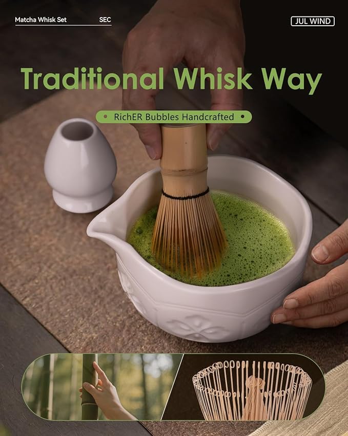 Matcha Whisk Set, Ceramic Matcha Bowl with Spout, Bamboo Whisk, Scoop, Sifter, Holder, Tea Towel - 6Pcs Matcha Kit Gift for Matcha Lovers Beginners (White)