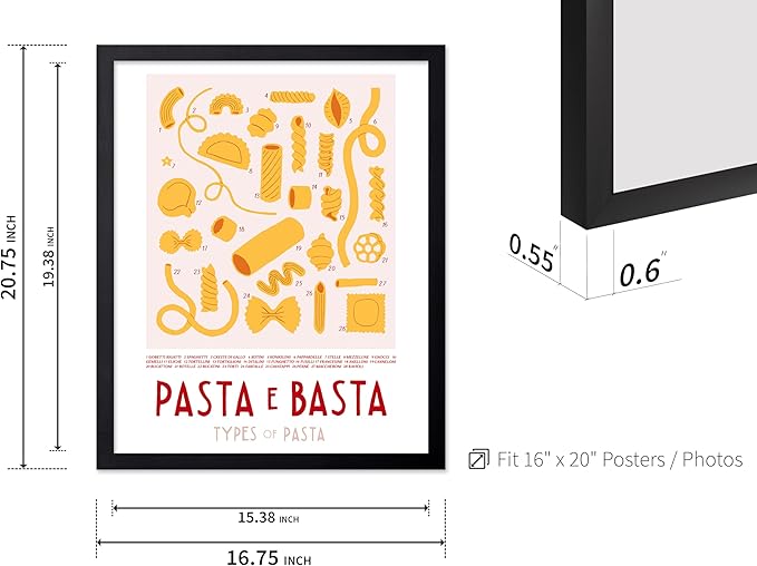 Poster Master Vintage Illustration Poster - Retro Food Print - Types of Pasta, Yellow, Spaghetti, Rotini, Penne - Gift for Artist, Chef - Wall Decor for Kitchen, Restaurant, 16x20 Black Framed