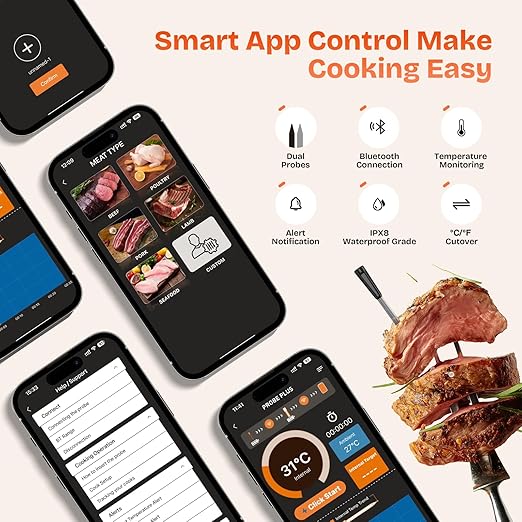 Meat Thermometer Digital,with Dual Ceramic Probes/Standalone Display Base 3000FT Range Smart Real-time Monitoring ±0.5°F Accuracy,for BBQ/Oven/Grill/Smoker/Air Fryer