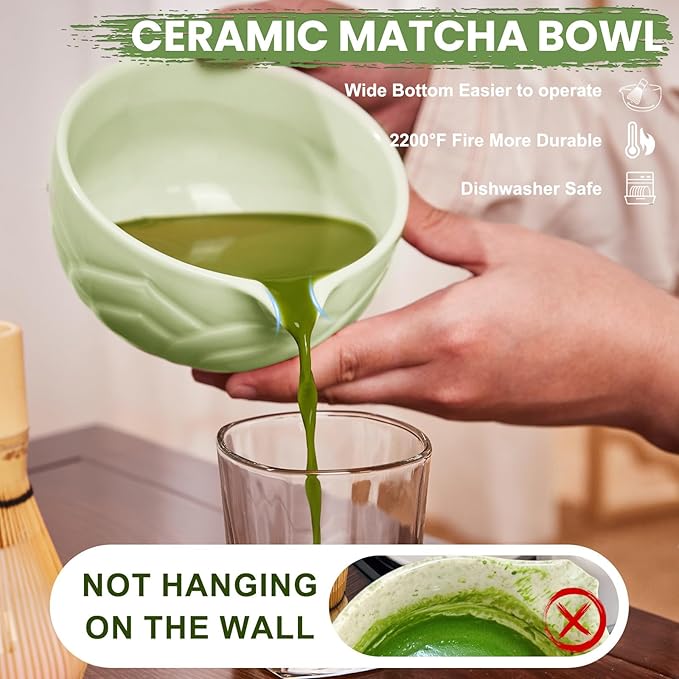 Matcha Whisk Set, Lotus Green Ceramic Matcha Set Includes Matcha Bowl, Matcha Whisk (Chasen) and Holder, Sifter, Bamboo Scoop & Spoon - 6 Pcs Matcha Kit for Matcha Lovers