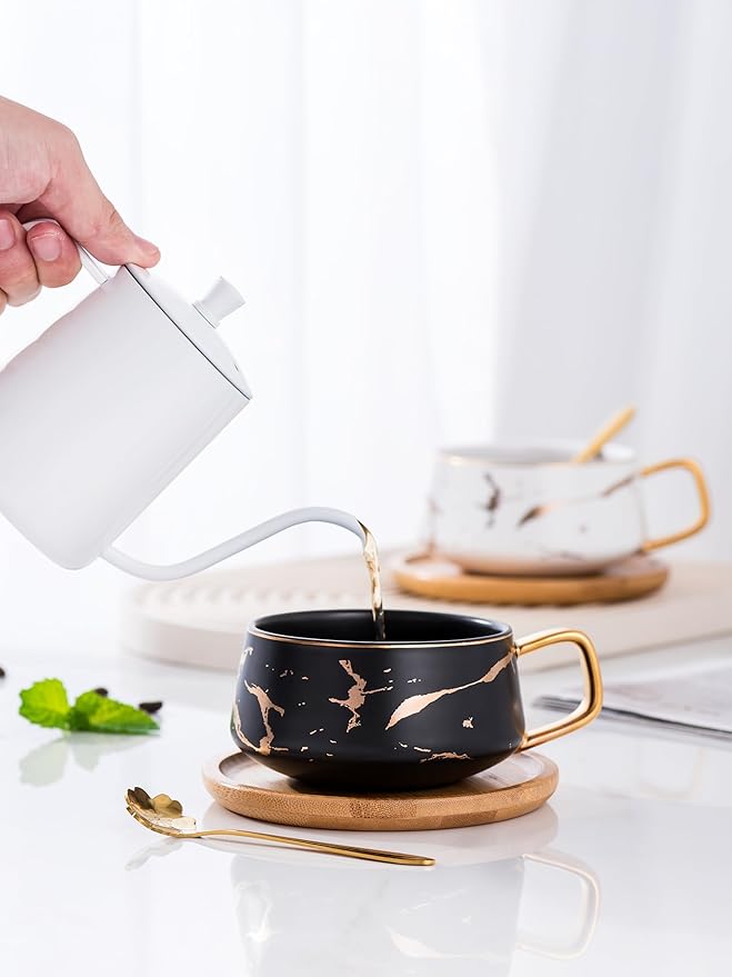 Jusalpha 2 Pack Golden Hand Print Black and White Teacup Coffee Cup with Bamboo Saucer and Spoon Set FDTCS19 (2, Black/White)