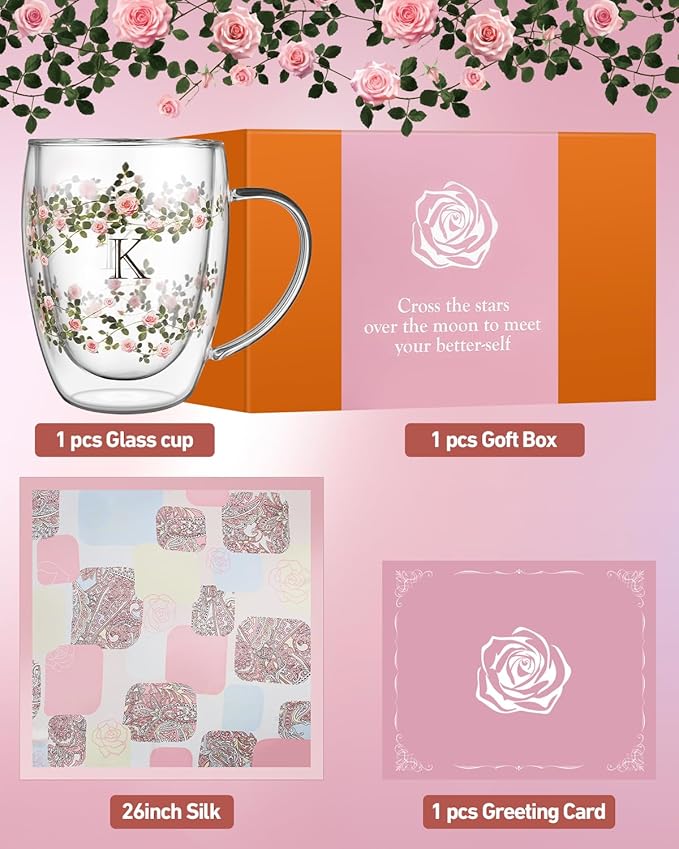 Initial Glass Cup for Women, 12oz Rose Double Walled Glass Coffee Mugs, Personalized Gifts for Women, Initial Coffee Tea Mug with Scarf, Birthday Wedding Gifts for Her Mom Teacher (ROSE-J)