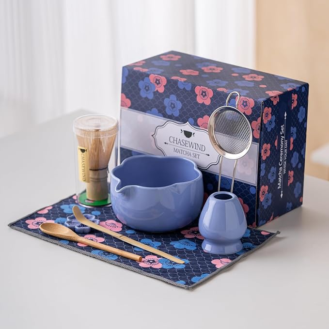 Matcha Set, 8Pcs Floral Ceramic Matcha Kit with Matcha Whisk, Holder, Scoop, Scoop Rest, Sifter, Spoon and Tea Towel - Thoughtful Matcha Whisk Set Gift for Matcha Lovers (Blue)