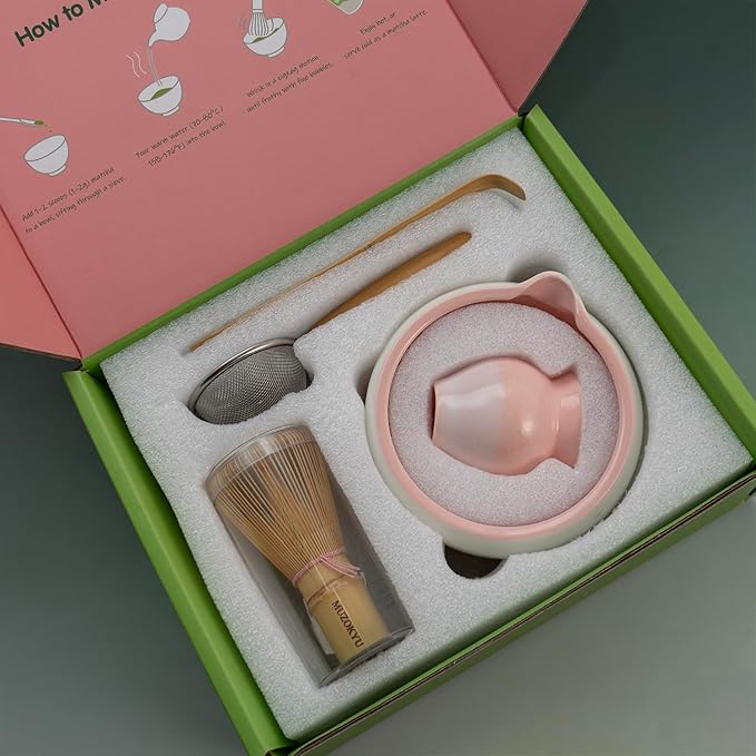 Matcha Set - Ceremonial Matcha Gift Set Includes: Matcha Bowl, Whisk Holder, Bamboo Whisk & Scoop and Stainless Steel Sifter