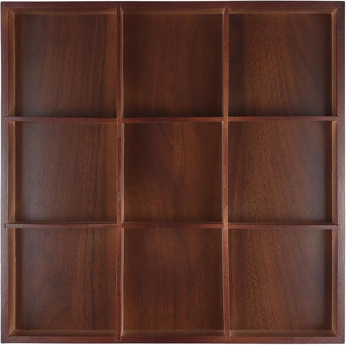 FUNSUEI 2 PCS Multi Compartment Wooden Tray, Divided Wooden Tray, Bamboo Serving Tray with 9 Sections, Wood Divided Snack Tray Storage Box for Appetizers, Jewelry, 12 x 12 x 1.85 Inch