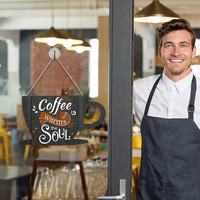 Jetec Coffee Bar Business Door Sign Wooden Wall Hanging Sign Rustic Farmhouse Cup Plaque Coffee Warms The Soul for Shop Store Window Restaurants Decoration 11.8 x 6.8 Inches