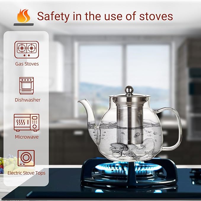 37oz/1100ml Glass Teapot with Removable Infuser, Stovetop & Microwave Safe Borosilicate Tea Kettle, Clear Flowering Tea Maker with 18/10 Stainless Steel Filter for Loose Leaf & Blooming Tea