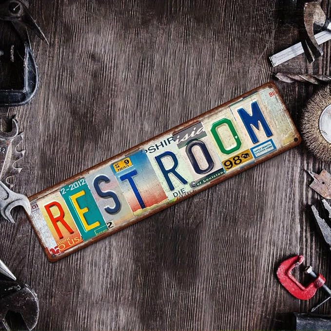 Vintage License Plate RESTROOM Sign – 16x4 Inch Rustic Tin Wall Decor for Bathroom, Guest Toilet, Washroom, Commercial Restroom or Farmhouse Style Spaces - Image 6