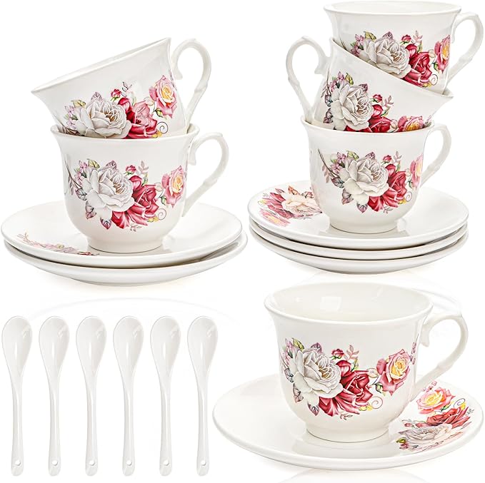 Tea Cups and Saucers Set of 6, 6 Oz Porcelain Floral Tea Cups with Spoon, Bone China Coffee Cup Saucer Gift Set for Cappuccino, Espresso, Latte, Cafe Mocha, Microwave Safe