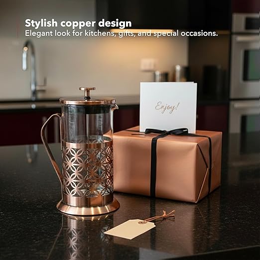 OVENTE French Press Coffee Maker 34 Ounce with Heat Resistant Borosilicate Glass, Stainless Steel Design and 4-Level Filter System, Portable Cold Brewer Pot for Travel, Camping or Gift, Copper FSF34C