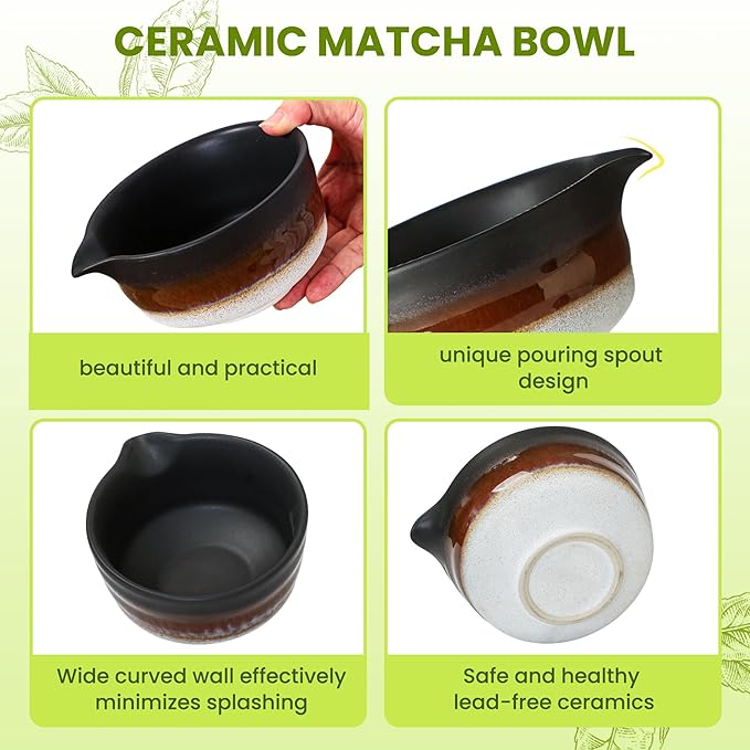 Matcha Whisk Set, Ceramic Matcha Kit Desert Style, Matcha Whisk and Bowl, Bamboo Scoop and Rest, Sifter and Tea Towel, 7 Pcs Gifts for Matcha Lover - Matte Black