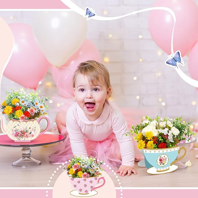 Yinder 6 Pcs Tea Party Decorations Princess Party Flower Boxes Centerpiece Floral Teapot Centerpiece for Floral Tea Themed Birthday Wedding Supplies(Retro Tea Pot Tea Cup)