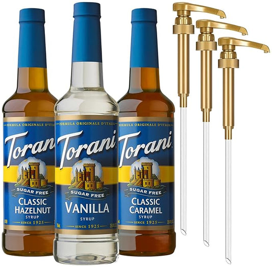 Torani Sugar Free Syrup, Coffee Lovers Variety 3-Pack, Vanilla, Classic Caramel, Classic Hazelnut Syrup for Drinks, Zero Calories, Pumps Included, 25.4 Fl Oz Ea