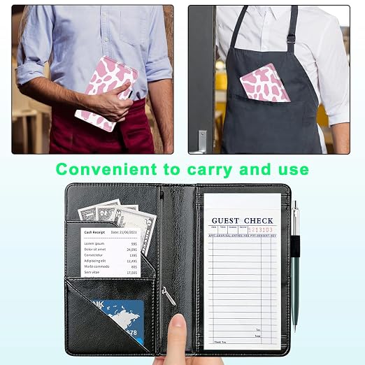 Server Books for Waitress, with 7 Large Pockets, Waiter Serving Book, Waitstaff Server Order Pads, Cute PU Leather Server Book with Pen Holder Fit Server Apron, Pink Cow Prints - Image 4