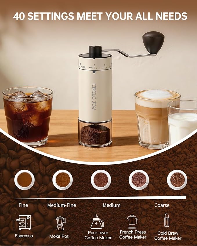 CIRCLE JOY Manual Coffee Grinder with 40 External Adjustable Settings and Ceramic Conical Burr, Portable Stainless Steel Hand Coffee Grinder for Home, Camping, Travel