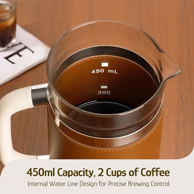 Hazel Quinn French Press Coffee Maker, 450ml / 15oz, Heat-Resistant Borosilicate Glass, 304 Stainless Steel, BPA-Free, Easy to Clean, Precision Filtration for Coffee & Tea