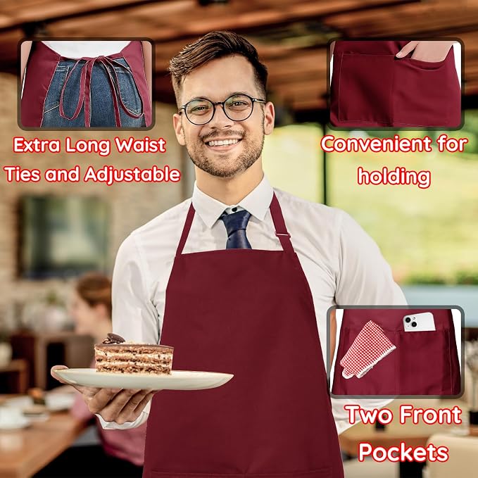 4 Packs Chef Apron, Waterproof Apron, Adjustable Aprons with 2 Pockets for Men Women, Professional Aprons for Kitchen Cooking Gardening Painting Baking Restaurant (Wine) - Image 6