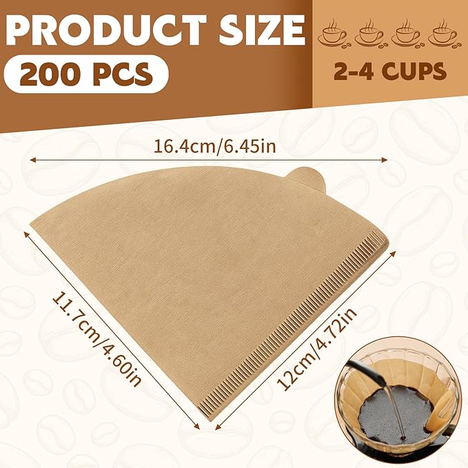 200 Count Cone Coffee Filters #2, 2 Coffee Filters Cone, Coffee Filters Disposable, Natural Unbleached Cone Paper Filter for Pour Over and Drip Coffee Maker, Suitable for Home Coffee Shop (2-4 Cup)