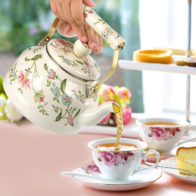 Jucoan 2.6 Quart Vintage Enamel Tea Kettle, Green Floral Stovetop Water Kettle Teapot with Porcelain Handle for Home Kitchen Camping Tea Party, Gift for Bridal Shower Wedding Housewarming