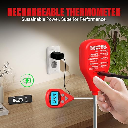 Rechargeable Digital Meat Thermometer with 3.3ft External Probe, Warning Alert, Instant Read Food Thermometer for Cooking Baking Water BBQ Oil Fry, Waterproof IP67, Hold Function, Oven Safe