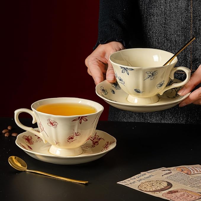 Fancy Ceramic Tea Cups and Saucers Set of 2, 8 oz Cappuccino Cups with Gold Spoons, Small Cream Blue & Red Floral Latte Art Cups, Happy Birthday Gifts