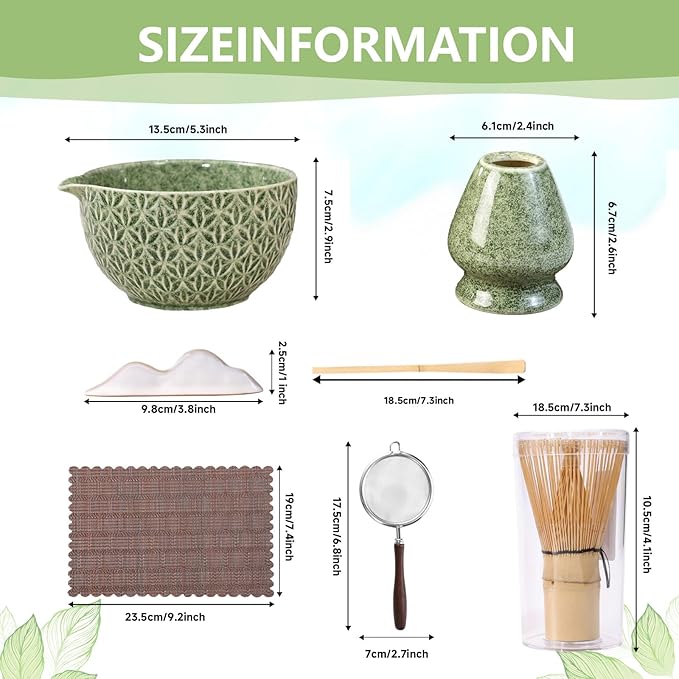 7 Pcs Matcha Whisk Set, Ceremony Matcha Kit with Matcha Bowl, Bamboo Whisk and Holder, Scoop and Scoop Rest, Sifter and Tea Towel, Gift for Matcha Lovers (Mottled Green/Bamboo Leaf-Patterned)