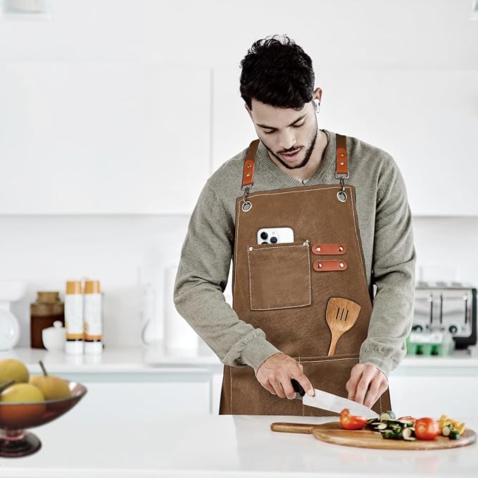 APRONPANDA Cross-Back Chef Aprons for Men Women with Pockets,Cotton Canvas Adjustable Cooking Work Apron for Kitchen
