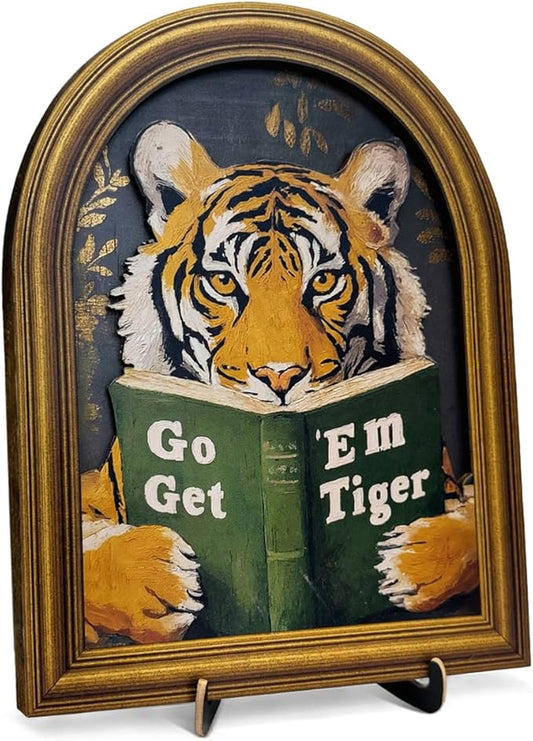 3D Motivational Tiger Table Decor Sign, Vintage Go Get Em Tiger Wall Art Sign for Home Living Room Office Desk Wall Shelf Decor 8x10 Inch