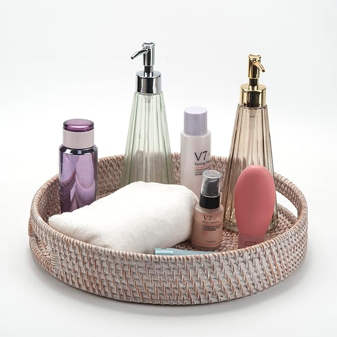 Coffee Table Tray Round Rattan Ottoman Tray Woven Serving Trays with Handles for Home and Kitchen Decorative White (Large 14 inch x 2.4 inch)