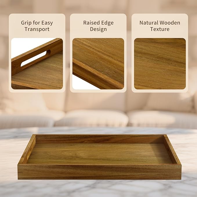 17 inch Acacia Wood Serving Tray with Handles, Decorative Display Tray for Coffee Table, Breakfast in Bed, Food Dinner