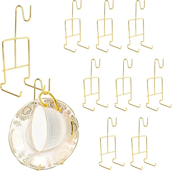 10 Pcs Tea Cup and Sau-cers Display Stand, Metal China Tea Cup Holder Display, Gold Coffee Mug Organizer for Plate Teapot, 6.22 x 2.44 Inches