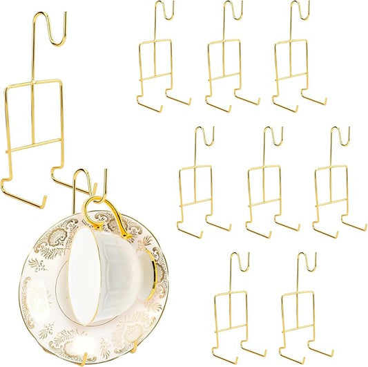 10 Pcs Tea Cup and Sau-cers Display Stand, Metal China Tea Cup Holder Display, Gold Coffee Mug Organizer for Plate Teapot, 6.22 x 2.44 Inches