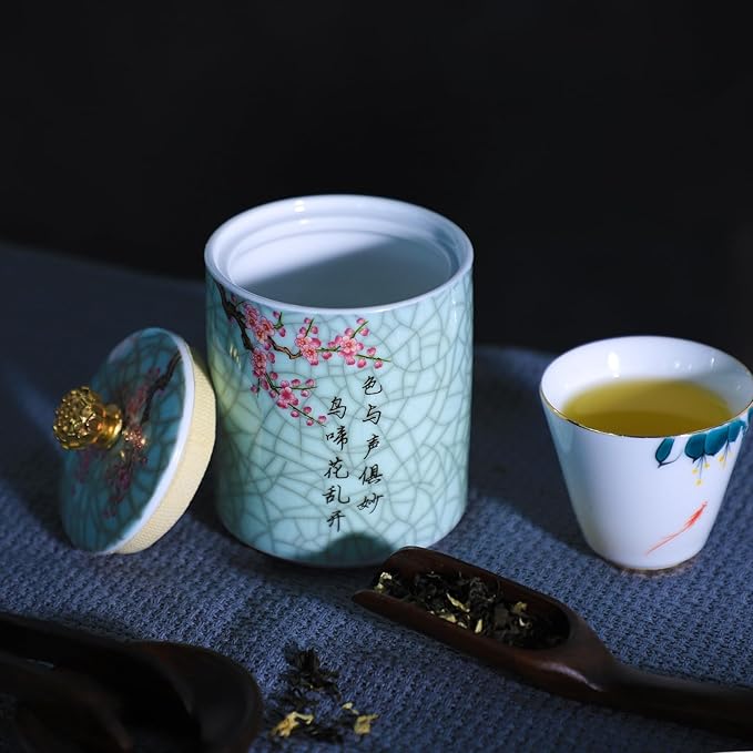 Enamel Ceramic Tea Caddy Tea Canister Tea Storage Container Tins Jar with Airtight Lid Water-proof Tank for Tea, Coffee, Herb, Sugar, Spice, Nuts