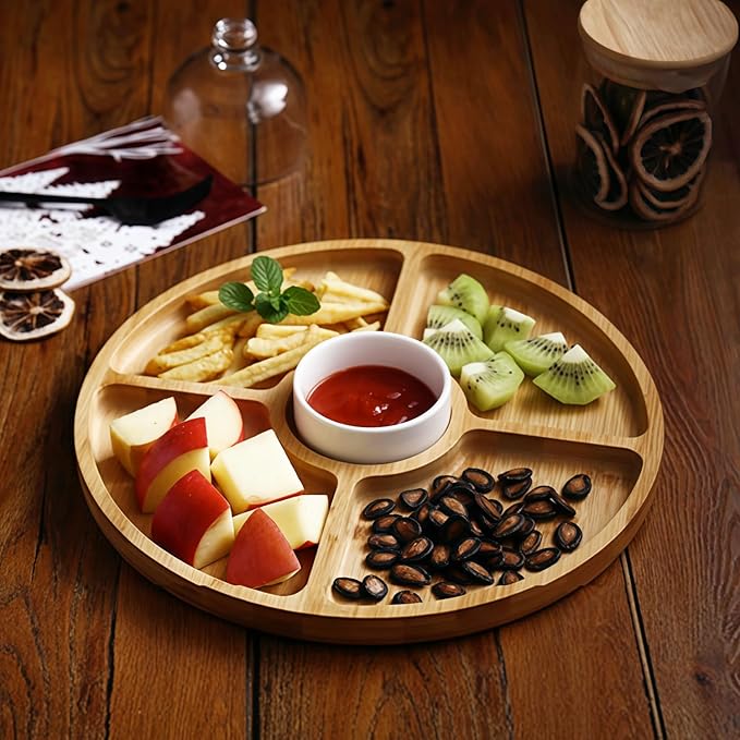 Divided Serving Dish Tray,7.9 in Round Bamboo Serving Trays,Wooden Candy Platters with 5 Compartments,Lazy Snack Trays for Home Decor,Parties, Events (1Pcs)