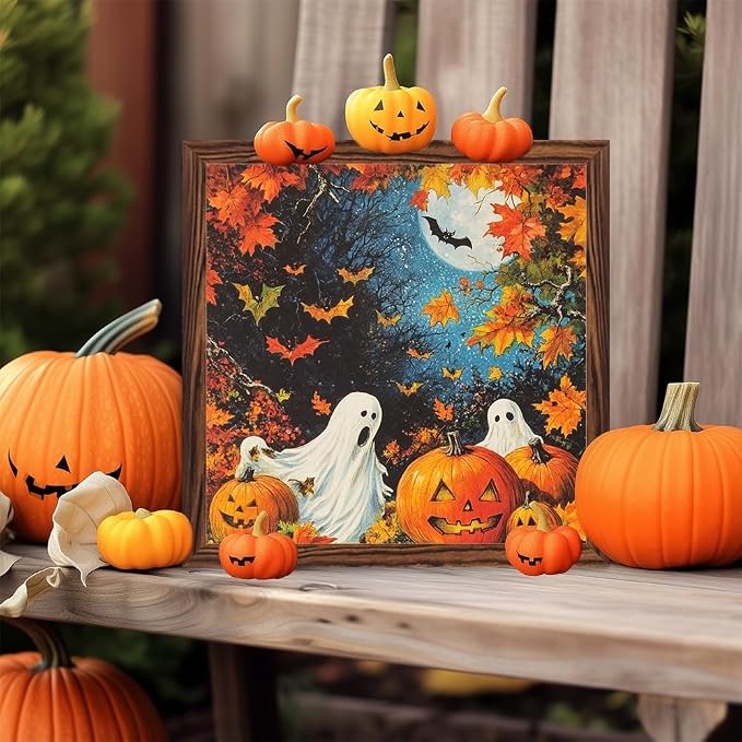Vintage Halloween Theme Decorative Sign Spooky Ghosts & Pumpkins Art Wooden Sign, With Frame Fall Theme Sign for Home Office, Cafe, Bedroom Halloween Decor 7.87x7.87 Inch - Image 7