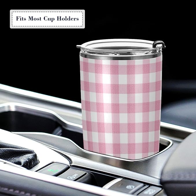 Tumbler Gingham Plaid Pink Insulated Coffee Cup Beverage Container Travel Mug with Straw and Lid Double Wall Stainless Steel 20oz BPA-Free for Sport, Back to School