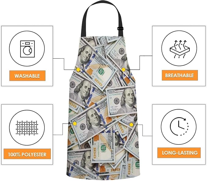 Hundred Dollar Bill Apron Adjustable Neck Bib Apron for Men Women,Suitable for Kitchen Cooking Waitress Chef Apron - Image 4