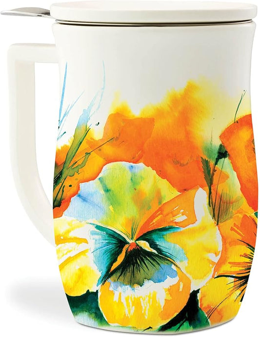 Tea Forte Ceramic Fiore Cup with Handle, Removeable Stainless Steel Infuser Basket and Lid, Steeps 14 oz Loose Leaf Tea, Dishwasher & Microwave Safe, Wild Poppy