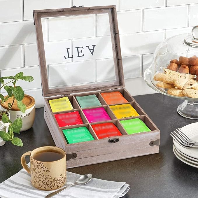 handrong Tea Box Organizer - Rustic Tea Bag Storage,Teas Bag Holder for Coffee Sugar Pods Packets & More – Elegant Tea Storage Solution for Home & Kitchen (Gray)
