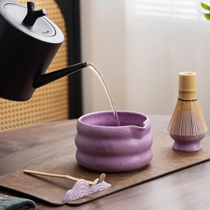 7Pcs Japanese Matcha Tea Set, Matcha Kit with Matcha Bowl (with Pouring Spout), Matcha Whisk, Whisk Holder, Strainer - Elegant Matcha Set for Gifting and Personal Use, Gift Box Packaging (Purple;)
