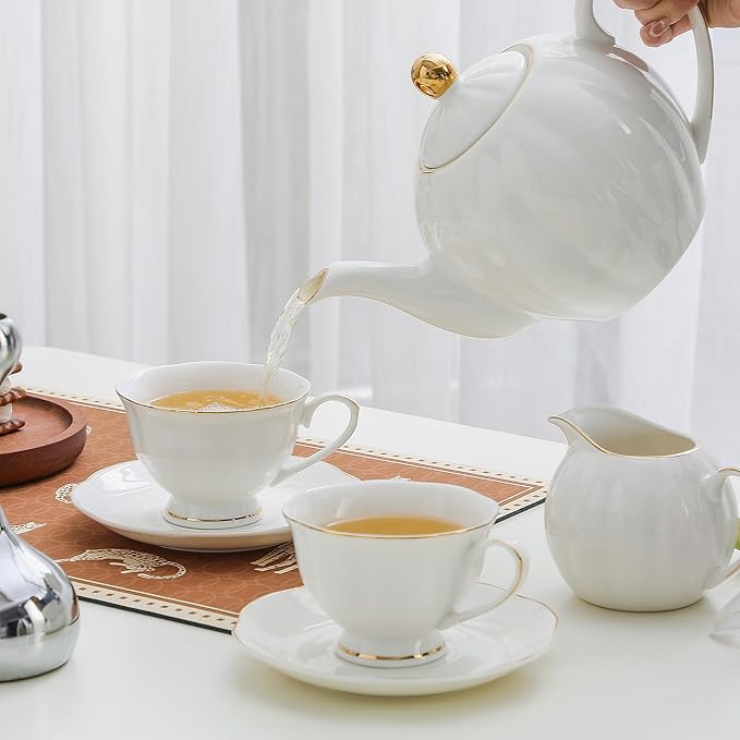 White Ceramic Tea Cup and Saucer Set of 6 (12-Piece) - 6oz Elegant Porcelain Cups with Gold Rim, 6 Cups & 6 Saucers for Tea Party