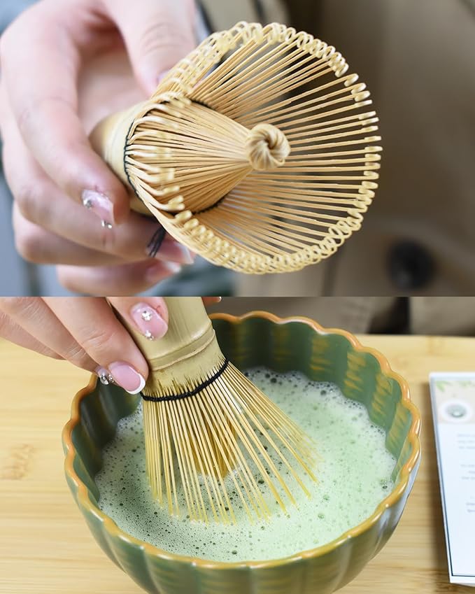 Artcome Matcha Tea Set - 17oz Petal-Shaped Matcha Bowl, Bamboo Whisk, Scoop, Whisk Holder & Brewing Guide, Japanese Tea Ceremony Tools for a Perfect Matcha Experience, Matte Green