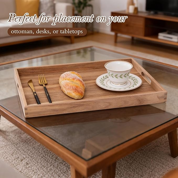 Wooden Serving Tray with Handles (17 Inches) – Decorative Serving Trays Platter for Breakfast in Bed, Lunch, Dinner,Ottoman, Appetizers, Patio, BBQ,Coffee Table, Party (Acacia)
