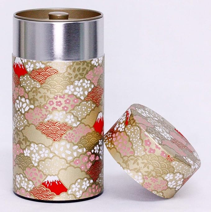 Washi Paper Tea Tin Canister: Long 7oz (200g) Mt. Fuji During The Sunset - Aka Fuji (#132), Japan