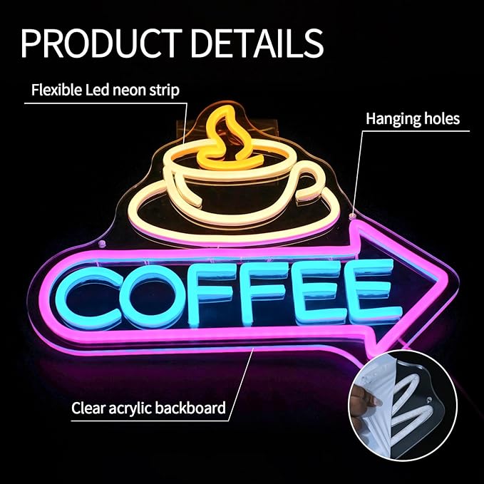 Coffee Neon Sign for Wall Decor Dimmable Coffee Bar Led Light Signs Coffee Business Neon Signs for Cafe Neon Light for Man Cave Coffee Shop Kitchen Club Party Restaurant Home Bar Gifts