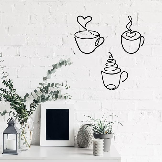 Ferraycle 3 Pieces Coffee Cup Metal Wall Art Wire Coffee Bar Hanging Decor Cafe Themed Vintage Rustic Metal Sign for Kitchen Restaurant Shop Home Office Accessories