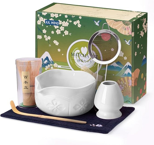 Matcha Whisk Set, Ceramic Matcha Bowl with Spout, Bamboo Whisk, Scoop, Sifter, Holder, Tea Towel - 6Pcs Matcha Kit Gift for Matcha Lovers Beginners (White)